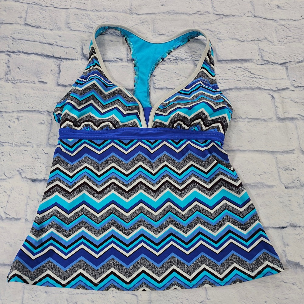 ZeroXposur Swim Tankini Womens 10 Blue Chevron Racerback Athletic Swimwear Tank